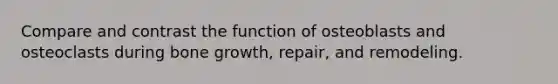 Compare and contrast the function of osteoblasts and osteoclasts during bone growth, repair, and remodeling.