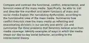 Compare and contrast the functional, conflict, interactionist, and feminist views of the mass media. Specifically, be able to: List and describe the manifest and latent functions of mass and social media Explain the narcotizing dysfunction, according to the functionalist view of the mass media. Summarize how conflict theorists view the mass media as reflecting and exacerbating divisions in our society and world. List and summarize the three problems that feminists believe arise from media coverage. Identify examples of ways in which the media shape our day-to-day social behavior, according to the interactionist theory.