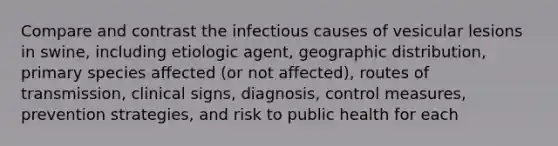 Compare and contrast the infectious causes of vesicular lesions in swine, including etiologic agent, geographic distribution, primary species affected (or not affected), routes of transmission, clinical signs, diagnosis, control measures, prevention strategies, and risk to public health for each