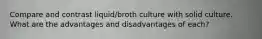 Compare and contrast liquid/broth culture with solid culture. What are the advantages and disadvantages of each?