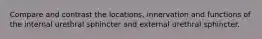 Compare and contrast the locations, innervation and functions of the internal urethral sphincter and external urethral sphincter.
