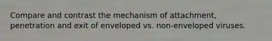 Compare and contrast the mechanism of attachment, penetration and exit of enveloped vs. non-enveloped viruses.