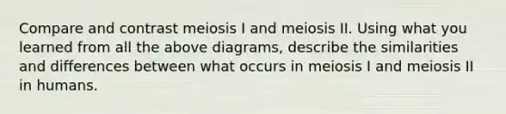 Compare and contrast meiosis I and meiosis II. Using what you learned from all the above diagrams, describe the similarities and differences between what occurs in meiosis I and meiosis II in humans.