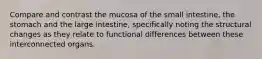 Compare and contrast the mucosa of the small intestine, the stomach and the large intestine, specifically noting the structural changes as they relate to functional differences between these interconnected organs.