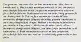 Compare and contrast the nuclear envelope and the plasma membrane. a. The nuclear envelope consists of two concentric phospholipid bilayers while the plasma membrane is only one phospholipid bilayer. Both membranes are selectively permeable and have pores. b. The nuclear envelope consists of two concentric phospholipid bilayers while the plasma membrane is only one phospholipid bilayer. Neither membrane is selectively permeable or has pores. c. Both membranes consist of two concentric phospholipid bilayers, are selectively permeable, and have pores. d. Both membranes consist of two concentric phospholipid bilayers and neither is selectively permeable or has pores.