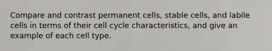 Compare and contrast permanent cells, stable cells, and labile cells in terms of their cell cycle characteristics, and give an example of each cell type.