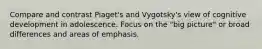 Compare and contrast Piaget's and Vygotsky's view of cognitive development in adolescence. Focus on the "big picture" or broad differences and areas of emphasis.