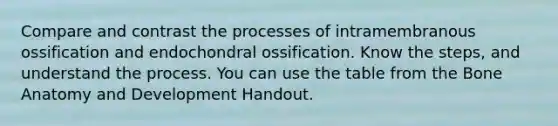 Compare and contrast the processes of intramembranous ossification and endochondral ossification. Know the steps, and understand the process. You can use the table from the Bone Anatomy and Development Handout.