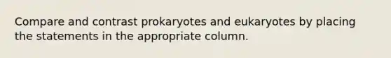 Compare and contrast prokaryotes and eukaryotes by placing the statements in the appropriate column.