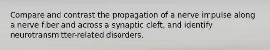 Compare and contrast the propagation of a nerve impulse along a nerve fiber and across a synaptic cleft, and identify neurotransmitter-related disorders.