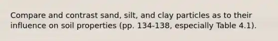 Compare and contrast sand, silt, and clay particles as to their influence on soil properties (pp. 134-138, especially Table 4.1).