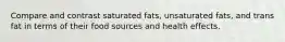 Compare and contrast saturated fats, unsaturated fats, and trans fat in terms of their food sources and health effects.