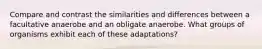 Compare and contrast the similarities and differences between a facultative anaerobe and an obligate anaerobe. What groups of organisms exhibit each of these adaptations?