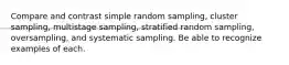 Compare and contrast simple random sampling, cluster sampling, multistage sampling, stratified random sampling, oversampling, and systematic sampling. Be able to recognize examples of each.