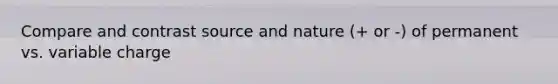 Compare and contrast source and nature (+ or -) of permanent vs. variable charge