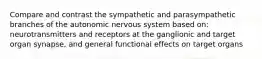 Compare and contrast the sympathetic and parasympathetic branches of the autonomic nervous system based on: neurotransmitters and receptors at the ganglionic and target organ synapse, and general functional effects on target organs