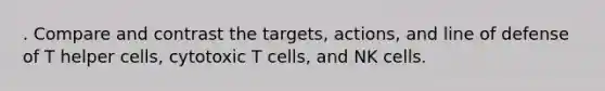 . Compare and contrast the targets, actions, and line of defense of T helper cells, cytotoxic T cells, and NK cells.