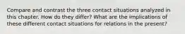 Compare and contrast the three contact situations analyzed in this chapter. How do they differ? What are the implications of these different contact situations for relations in the present?