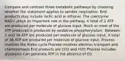 Compare and contrast three metabolic pathways by choosing whether the statement applies to aerobic respiration. End products may include lactic acid or ethanol. The coenzyme NAD+ plays an important role in the pathway. A total of 2 ATP are produced per molecule of glucose input. Much or most of the ATP produced is produced by oxidative phosphorylation. Between 2 and 38 ATP are produced per molecule of glucose input. A total of 38 ATP are produced per molecule of glucose input. Process involves the Krebs cycle Process involves electron transport and chemiosmosis End products are CO2 and H2O Process includes glycolysis Can generate ATP in the absence of O2.