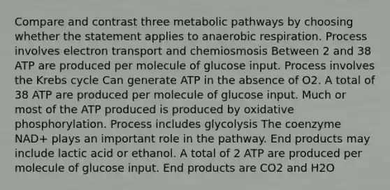 Compare and contrast three metabolic pathways by choosing whether the statement applies to anaerobic respiration. Process involves electron transport and chemiosmosis Between 2 and 38 ATP are produced per molecule of glucose input. Process involves the Krebs cycle Can generate ATP in the absence of O2. A total of 38 ATP are produced per molecule of glucose input. Much or most of the ATP produced is produced by oxidative phosphorylation. Process includes glycolysis The coenzyme NAD+ plays an important role in the pathway. End products may include lactic acid or ethanol. A total of 2 ATP are produced per molecule of glucose input. End products are CO2 and H2O