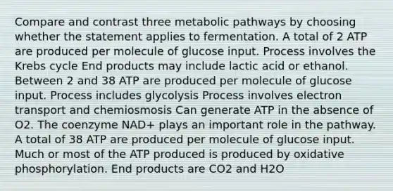 Compare and contrast three metabolic pathways by choosing whether the statement applies to fermentation. A total of 2 ATP are produced per molecule of glucose input. Process involves the Krebs cycle End products may include lactic acid or ethanol. Between 2 and 38 ATP are produced per molecule of glucose input. Process includes glycolysis Process involves electron transport and chemiosmosis Can generate ATP in the absence of O2. The coenzyme NAD+ plays an important role in the pathway. A total of 38 ATP are produced per molecule of glucose input. Much or most of the ATP produced is produced by oxidative phosphorylation. End products are CO2 and H2O