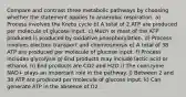 Compare and contrast three metabolic pathways by choosing whether the statement applies to anaerobic respiration. a) Process involves the Krebs cycle b) A total of 2 ATP are produced per molecule of glucose input. c) Much or most of the ATP produced is produced by oxidative phosphorylation. d) Process involves electron transport and chemiosmosis e) A total of 38 ATP are produced per molecule of glucose input. f) Process includes glycolysis g) End products may include lactic acid or ethanol. h) End products are CO2 and H2O i) The coenzyme NAD+ plays an important role in the pathway. j) Between 2 and 38 ATP are produced per molecule of glucose input. k) Can generate ATP in the absence of O2.