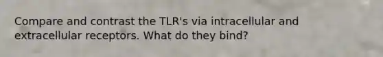 Compare and contrast the TLR's via intracellular and extracellular receptors. What do they bind?