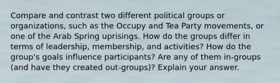 Compare and contrast two different political groups or organizations, such as the Occupy and Tea Party movements, or one of the Arab Spring uprisings. How do the groups differ in terms of leadership, membership, and activities? How do the group's goals influence participants? Are any of them in-groups (and have they created out-groups)? Explain your answer.