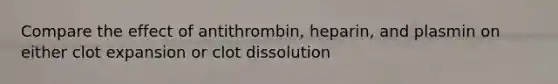 Compare the effect of antithrombin, heparin, and plasmin on either clot expansion or clot dissolution