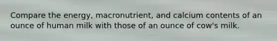 Compare the energy, macronutrient, and calcium contents of an ounce of human milk with those of an ounce of cow's milk.