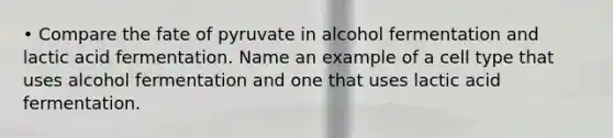 • Compare the fate of pyruvate in alcohol fermentation and lactic acid fermentation. Name an example of a cell type that uses alcohol fermentation and one that uses lactic acid fermentation.