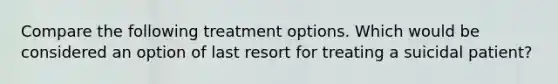 Compare the following treatment options. Which would be considered an option of last resort for treating a suicidal patient?