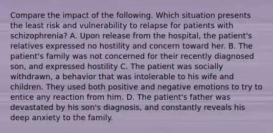 Compare the impact of the following. Which situation presents the least risk and vulnerability to relapse for patients with schizophrenia? A. Upon release from the hospital, the patient's relatives expressed no hostility and concern toward her. B. The patient's family was not concerned for their recently diagnosed son, and expressed hostility C. The patient was socially withdrawn, a behavior that was intolerable to his wife and children. They used both positive and negative emotions to try to entice any reaction from him. D. The patient's father was devastated by his son's diagnosis, and constantly reveals his deep anxiety to the family.