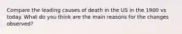 Compare the leading causes of death in the US in the 1900 vs today. What do you think are the main reasons for the changes observed?