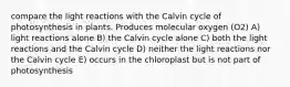 compare the light reactions with the Calvin cycle of photosynthesis in plants. Produces molecular oxygen (O2) A) light reactions alone B) the Calvin cycle alone C) both the light reactions and the Calvin cycle D) neither the light reactions nor the Calvin cycle E) occurs in the chloroplast but is not part of photosynthesis