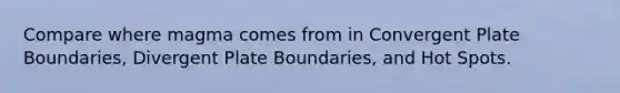 Compare where magma comes from in Convergent Plate Boundaries, Divergent Plate Boundaries, and Hot Spots.