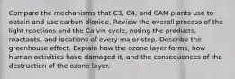 Compare the mechanisms that C3, C4, and CAM plants use to obtain and use carbon dioxide. Review the overall process of the light reactions and the Calvin cycle, noting the products, reactants, and locations of every major step. Describe the greenhouse effect. Explain how the ozone layer forms, how human activities have damaged it, and the consequences of the destruction of the ozone layer.