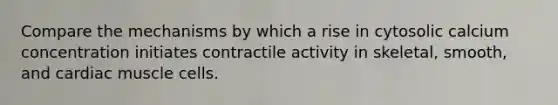 Compare the mechanisms by which a rise in cytosolic calcium concentration initiates contractile activity in skeletal, smooth, and cardiac muscle cells.