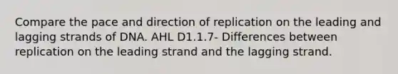 Compare the pace and direction of replication on the leading and lagging strands of DNA. AHL ​​​​D1.1.7- Differences between replication on the leading strand and the lagging strand.