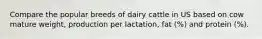 Compare the popular breeds of dairy cattle in US based on cow mature weight, production per lactation, fat (%) and protein (%).