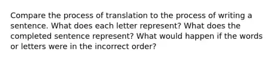 Compare the process of translation to the process of writing a sentence. What does each letter represent? What does the completed sentence represent? What would happen if the words or letters were in the incorrect order?