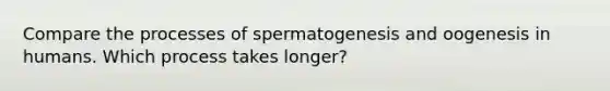 Compare the processes of spermatogenesis and oogenesis in humans. Which process takes longer?