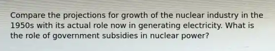 Compare the projections for growth of the nuclear industry in the 1950s with its actual role now in generating electricity. What is the role of government subsidies in nuclear power?