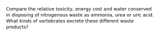 Compare the relative toxicity, energy cost and water conserved in disposing of nitrogenous waste as ammonia, urea or uric acid. What kinds of vertebrates excrete these different waste products?