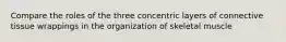 Compare the roles of the three concentric layers of connective tissue wrappings in the organization of skeletal muscle