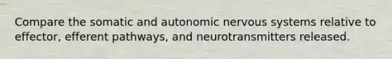 Compare the somatic and autonomic nervous systems relative to effector, efferent pathways, and neurotransmitters released.