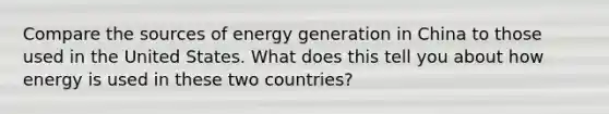 Compare the sources of energy generation in China to those used in the United States. What does this tell you about how energy is used in these two countries?