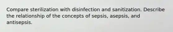 Compare sterilization with disinfection and sanitization. Describe the relationship of the concepts of sepsis, asepsis, and antisepsis.