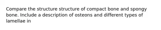 Compare the structure structure of compact bone and spongy bone. Include a description of osteons and different types of lamellae in