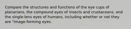 Compare the structures and functions of the eye cups of planarians, the compound eyes of insects and crustaceans, and the single-lens eyes of humans, including whether or not they are "image-forming eyes.